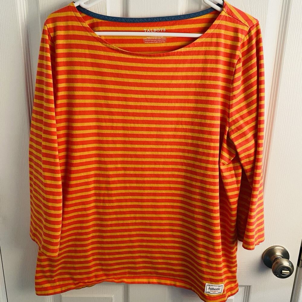 Talbots Striped Tee 3/4 Sleeve Top Women's XL Coral Minimalist Quiet Luxury